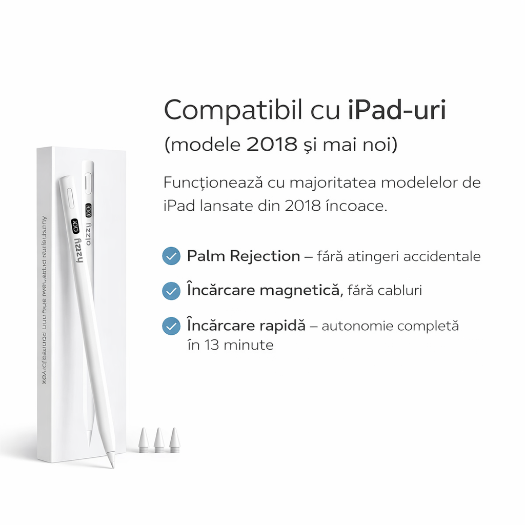 Stylus pentru iPad (2018–2026) cu Palm Rejection și încărcare magnetică